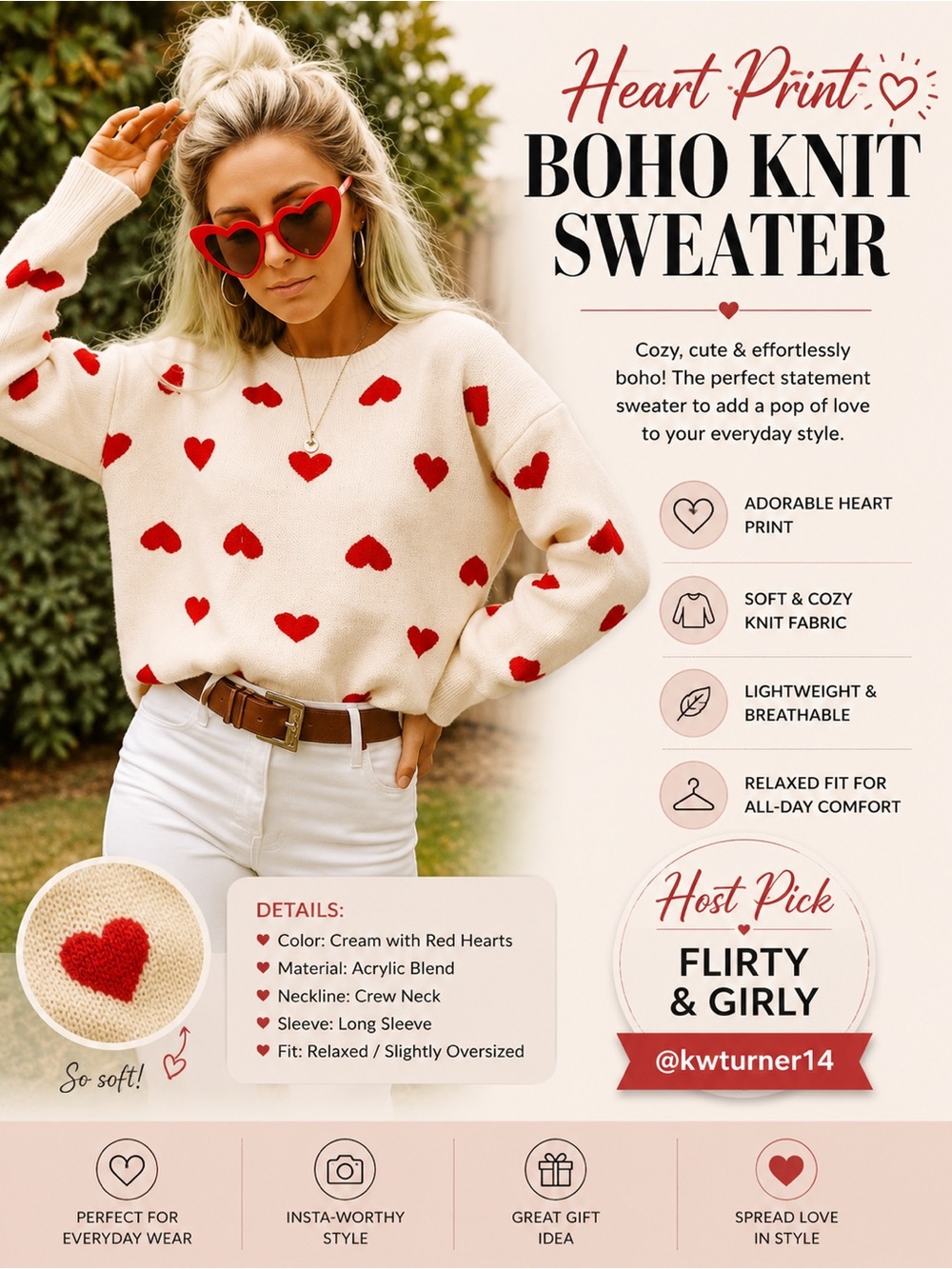 HEART PRINT BOHO KNIT SWEATER HOST PICK